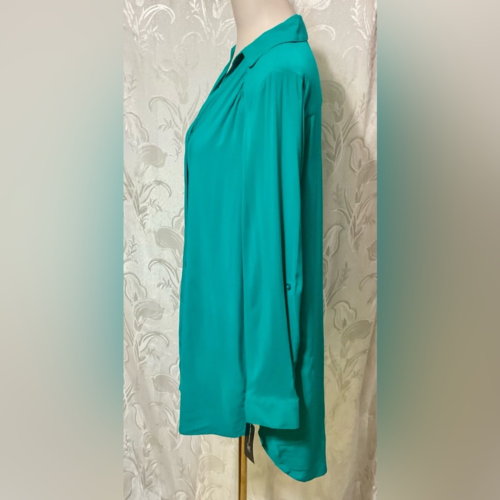 INC Fresca Blue Roll Tab Button Down Long Blouse - Picture 4 of 8
